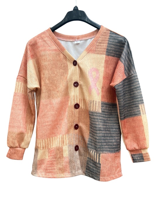 None Tops - Breast Cancer Awareness Patchwork Multicolor Button-Front Cardigan Top Size L